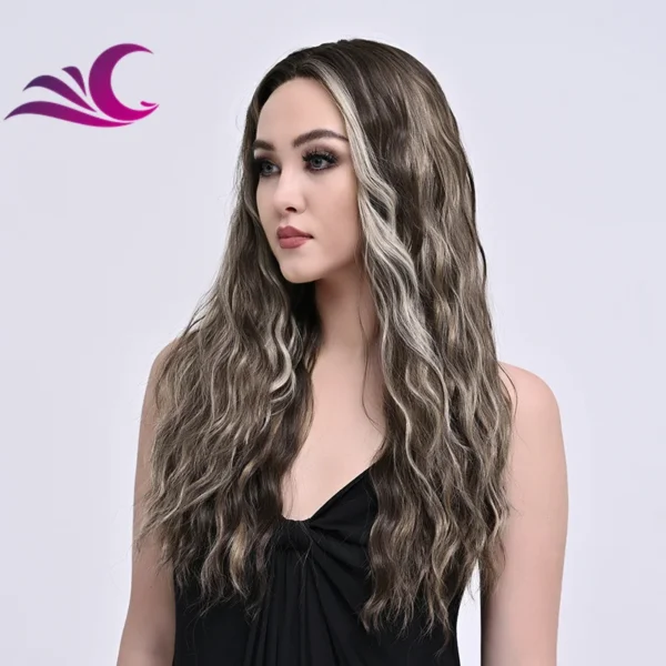 Fullfy Highlight Brown Mix Blonde Colored Curl Futura Heat Resistant Shoulder Length Synthetic Hair Wigs