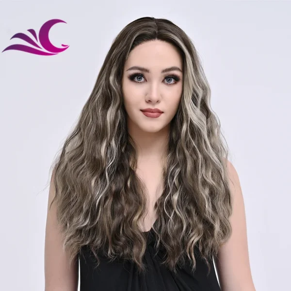 Fullfy Highlight Brown Mix Blonde Colored Curl Futura Heat Resistant Shoulder Length Synthetic Hair Wigs - Image 4